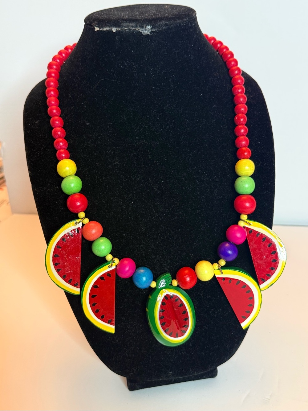 Vintage Wooden Colorful Watermelon Pendant Beaded Necklace - Multicolor
